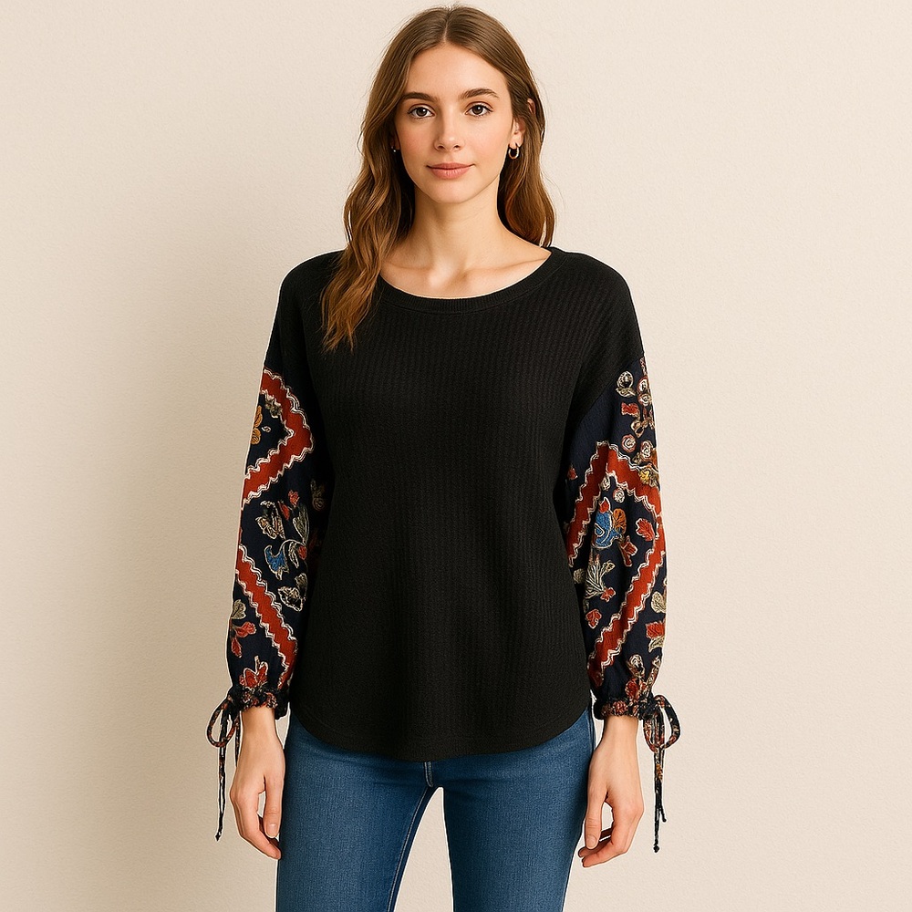 In Loom Black Thermal Waffle Knit Top Boho Patchwork Print Balloon Sleeves M